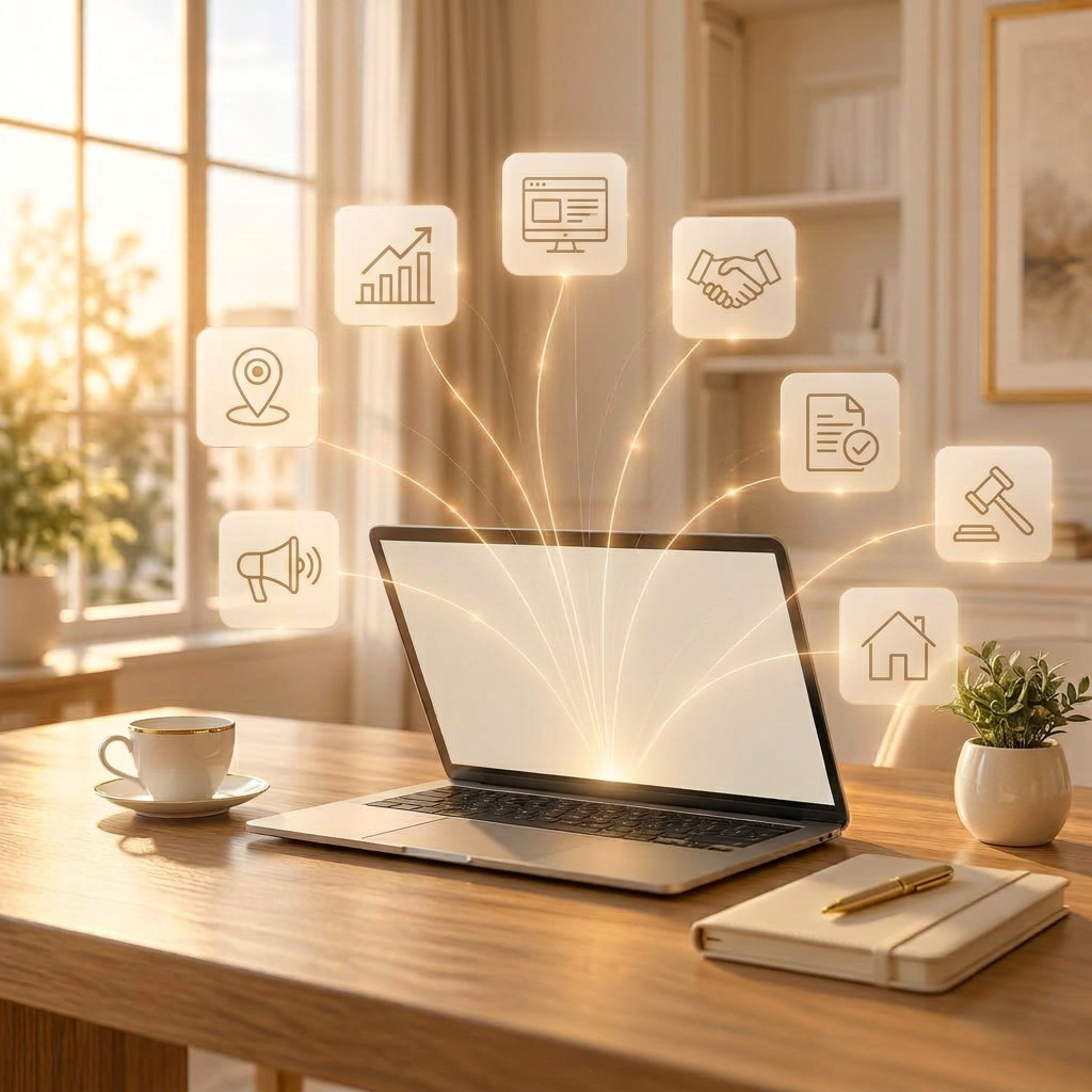 A laptop on a sunlit desk connected to icons for listings, documents, team, scheduling, tasks, and systems