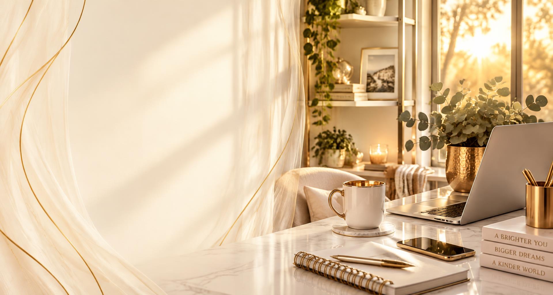 A sunlit marble desk with gold accents, laptop, and notebook